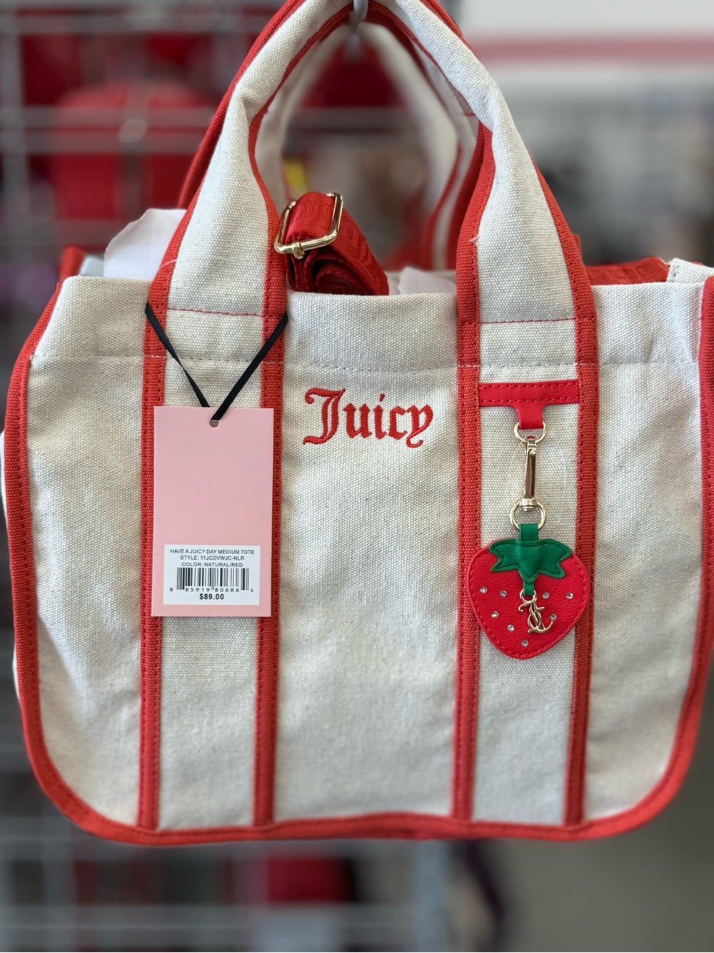 Juicy Couture Cream Canvas Tote with Red Trim and Strawberry Charm